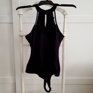 BNWT bebe classic black swiss dot mesh halter neck bodysuit (L)